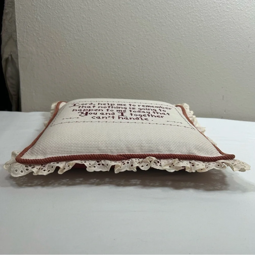 Vintage Cross Stitch Ivory Burgundy Decorative Pillow With a Prayer “Lord…